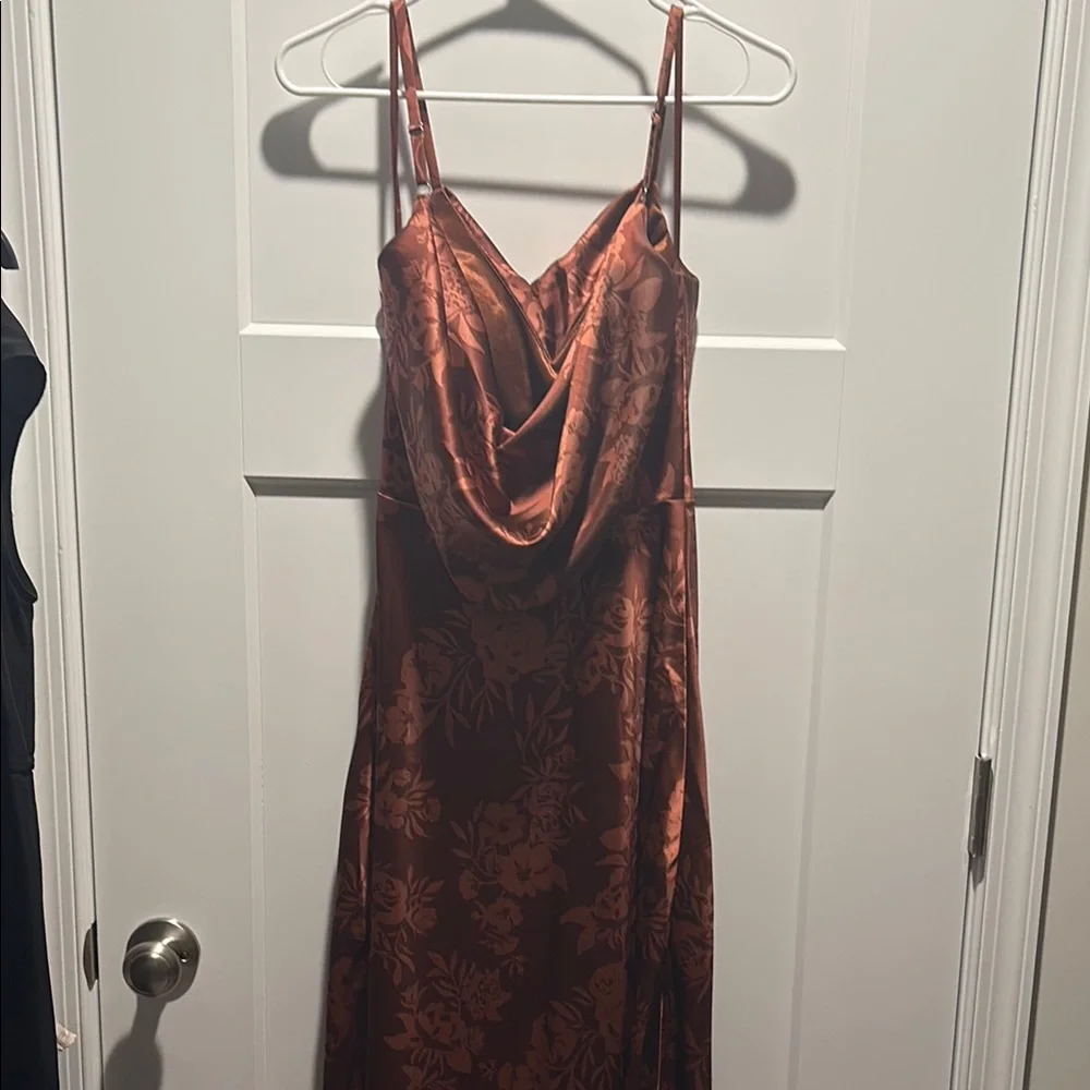 Satin Floral Cowl Slip Dress - Rust
